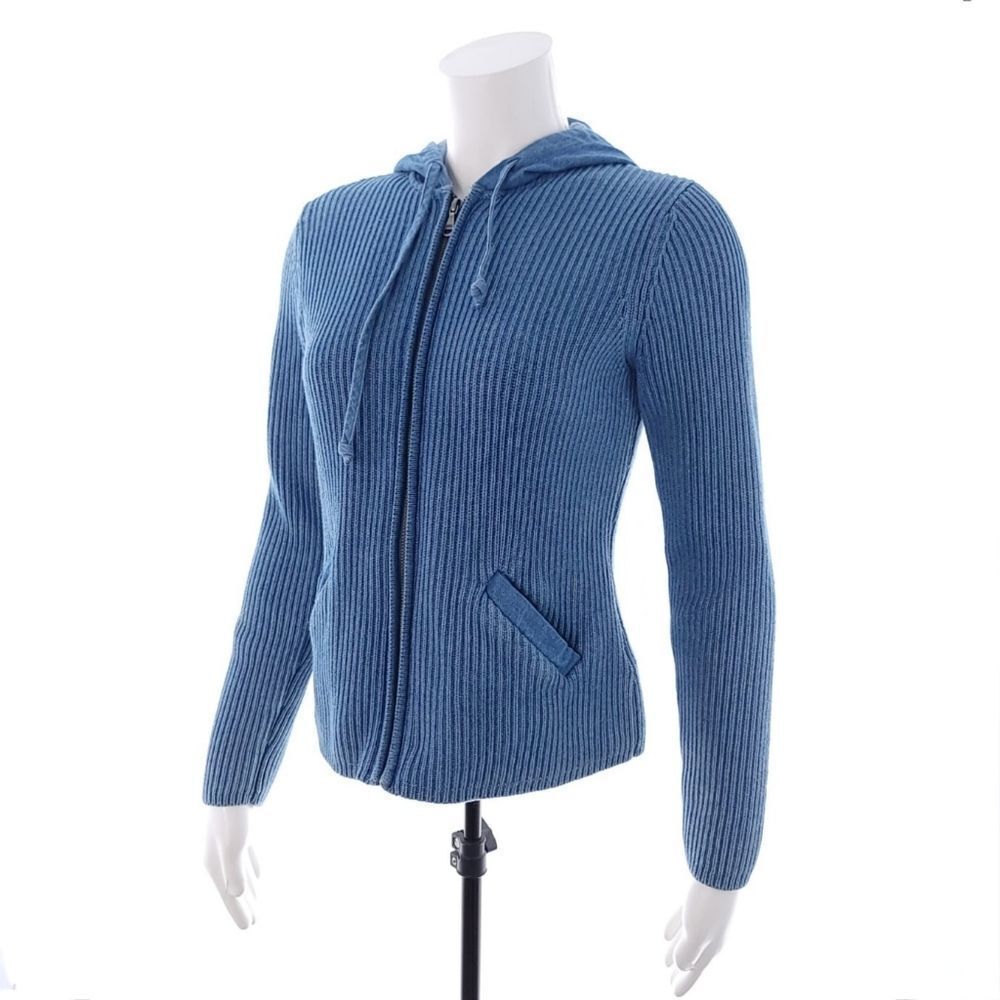Lauren Ralph Lauren Petite Women's Medium Solid Blue Knit Cotton Hooded Jacket